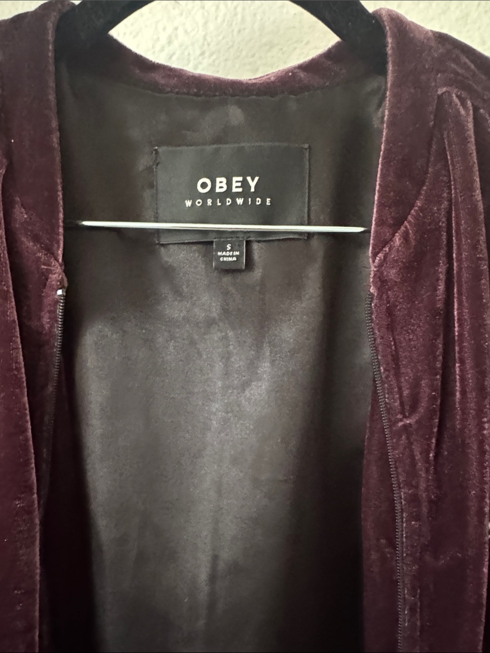 Obey Velvet Jacket with Gold Tiger Embroidery in Deep Plum - Picture 6 of 9